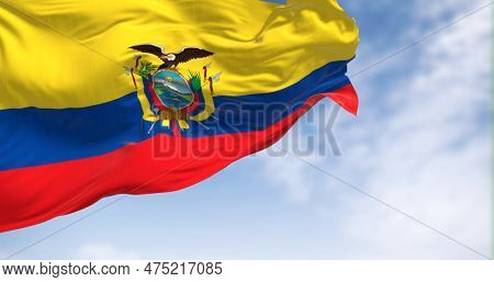 Close-up View Of The Ecuador National Flag Waving In The Wind. The Republic Of Ecuador Is A Presiden