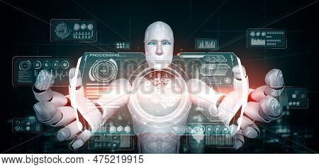 Ai Humanoid Robot Holding Virtual Hologram Screen Showing Concept Of Big Data Analytic Using Artific