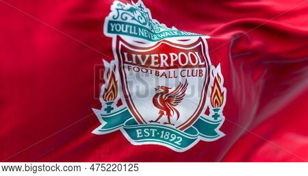 Liverpool, Uk, Apr. 2023: Liverpool Football Club Flag Waving. Liverpool F.c. Is An English Professi