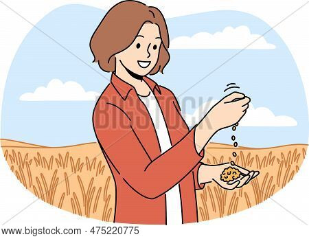 Female Farmer Inspect Crop In Agriculture Field. Agronomist Look At Harvest Soybeans In Plantation. 