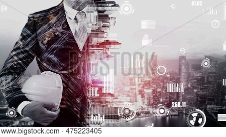 Future Building Construction And Inventive Engineering Project Concept With Hud Hologram Graphic Des