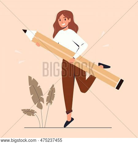 Flat Style Student With A Pencil. Education. Business Woman Holds Big Pencil. Confident Female Write