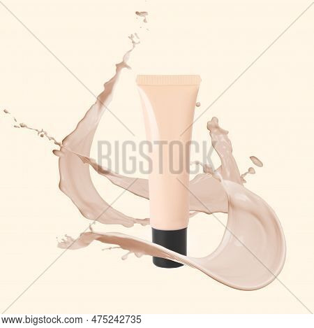 Liquid Foundation In Tube And Splashes Of Makeup Product On Beige Background