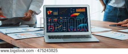Focus Bi Power Dashboard Display On Laptop Screen With Blurred Background Of Analyst Team Analyzing 