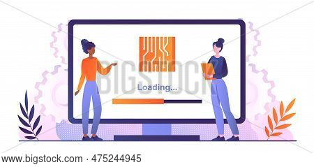 Computer Firmware Concept. Women Next To Monitor With Progress Scale. Gadgets And Devices, System Up