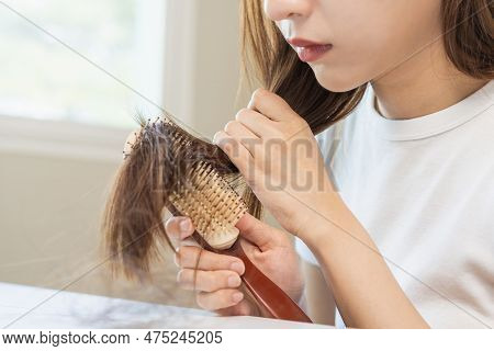 Damaged Hair, Frustrated Asian Young Woman, Girl Hand In Holding Brush Splitting Ends Messy While Co