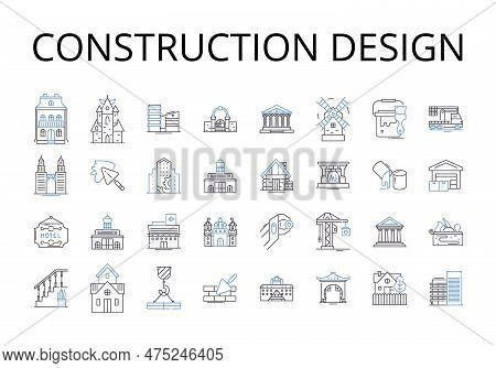Construction Design Line Icons Collection. Building Planning, Structural Drafting, Architectural Blu
