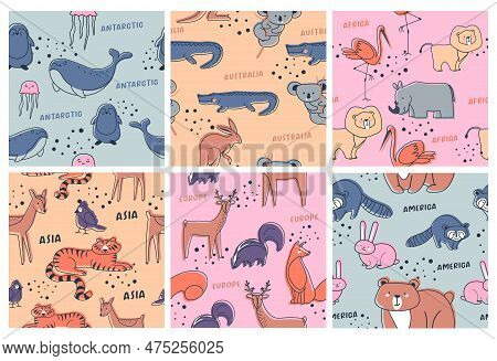 Decorative Pattern Set With Line Animals Character