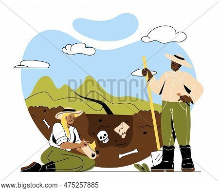 Archaeological Excavation Concept. Woman With Bones In Her Hands And Man With Shovel Investigating. 