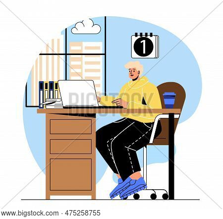 Happy Employee At Workplace. Young Guy Sitting At Laptop Against Background Of Calendar. Organizatio