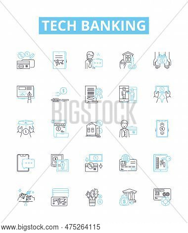 Tech Banking Vector Line Icons Set. Tech Banking Online, Mobile, Security, Fraud, Digital, Payments,