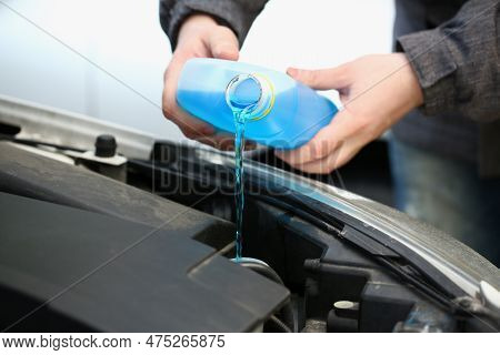 Pouring Blue Antifreeze Liquid For Washing Car Glass. Antifreeze Antifreeze And Distilled Water For 