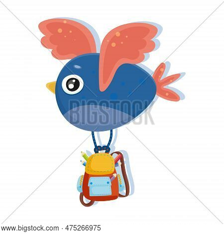 Funny Sparrow Bird With Full Backpack Isolated On White Background. Cute Cartoon Animal For Study En