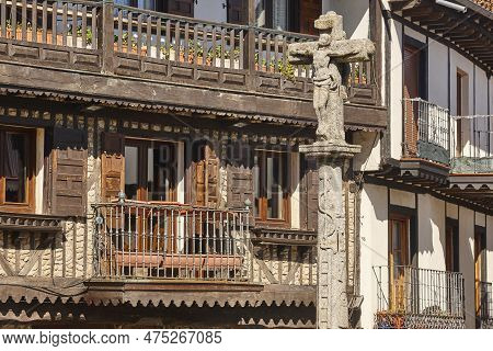 La Alberca Traditional Medieval Village. Stone Cross. Salamanca, Spain