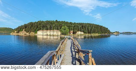 Wooden Ruined Bridge To Isolated Monastery Of Saint Mary On Zvernec Island (narta Lagoon, Vlore, Alb