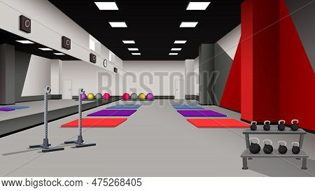 Contemporary Fitness Gym Empty Interior. Equipment Yoga Mats And Fit Balls On Floor. Professional Ca