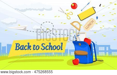 Pupils Backpack With Accessories For Learning. Opened Bag With School Stationery And Supplies. Back 