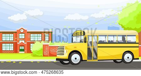 Yellow School Bus On Road In Suburb District Of American City. Cartoon Style Poster With Bus For Pup