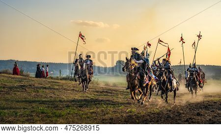 Gniew, Poland, Aug 2020 Charge Of The Hussars, Polish Heavy Cavalry, At Sunset, Historical Reenactme