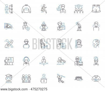 Guys Line Icons Collection. Masculine, Charming, Strong, Athletic, Confident, Loyal, Funny Vector An
