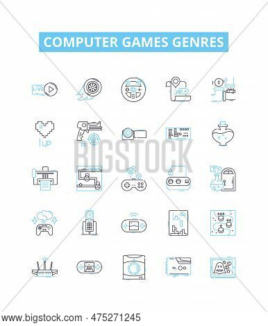 Computer Games Genres Vector Line Icons Set. Simulation, Shooter, Adventure, Puzzle, Strategy, Platf
