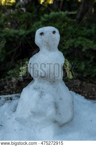 Tiny Snowman Lingers In A Snow Patch That Remains On A Summer Trail In Lassen Volcanic National Park