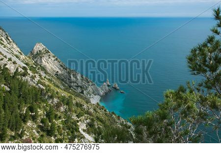 Mediterranean Seascape Of Le Due Sorelle, Famous Beach Of Conero, Marche Italy Europe