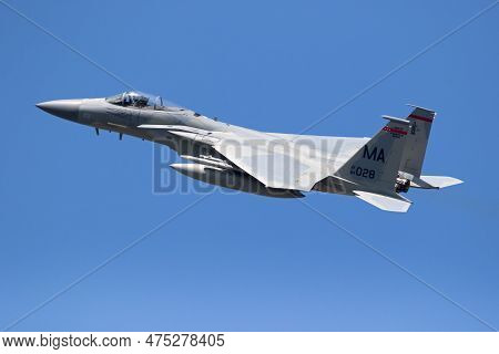 Us Air Force F-15 Eagle Fighter Jet Aircraft From The Massachusetts Air National Guard In Flight. Le