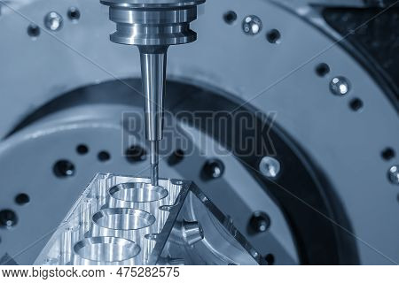 Close Up Scene The 5-axis Machining Center Cutting The V8 Engine Cylinder Block With Solid Ball End 