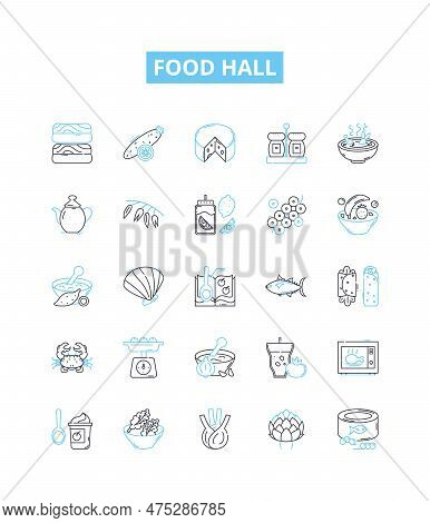 Food Hall Vector Line Icons Set. Food, Hall, Eatery, Cafeteria, Canteen, Buffet, Bistro Illustration