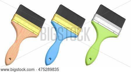 Set Of Paint Bristle Brushes For Repair Work And Construction On White.
