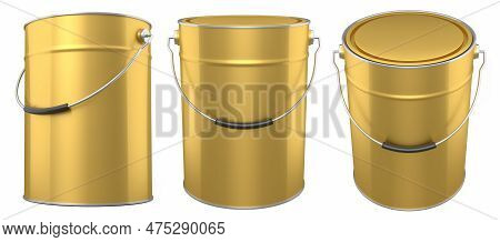 Set Of Metal Cans Or Buckets Of Paint With Handle On White Background.