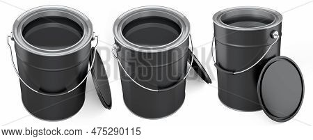 Set Of Metal Cans Or Buckets Of Paint With Handle On White Background.