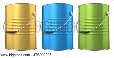Set Of Metal Cans Or Buckets Of Paint With Handle On White Background.