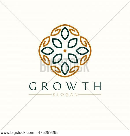 Growth Vector Logo Design. Emblem With Leaves And Flower Logotype. Floran Emblem Logo Template.