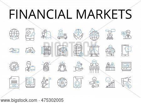 Financial Markets Line Icons Collection. Stock Exchange, Investment Vehicles, Capital Markets, Mtary