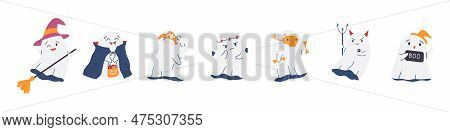 Cute Funny Ghosts Collection.set Of Cute Spooky Characters For Halloween. Flying Cartoon Phantoms. F