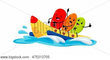 Cartoon Potassium, Kalium Micronutrient Characters Riding Water Banana Boat On Summer Beach Vacation