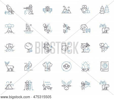 Forest Trek Line Icons Collection. Woods, Nature, Exploration, Wild, Hiking, Adventure, Trees Vector