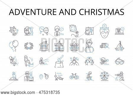 Adventure And Christmas Line Icons Collection. Dventure, Thrill, Excitement, Risk, Dare, Expedition,