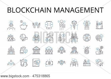 Blockchain Management Line Icons Collection. Cryptocurrency Investment, Cybersecurity Protection, Da