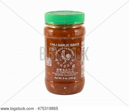 Los Angeles, Ca - April 25 2023:  Isolated Container Of Huy Fong Foods Chili Garlic Sauce