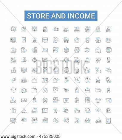 Store And Income Outline Icons Collection. Store, Income, Revenue, Sales, Profit, Margin, Markup Vec