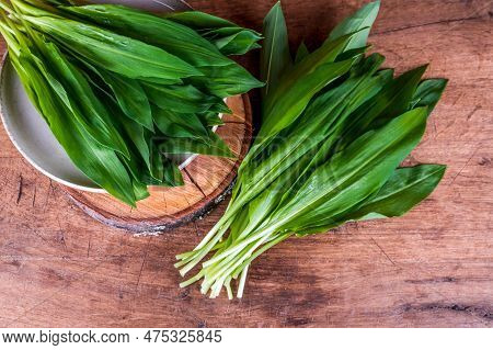 Wild Garlic. Wild Garlic On A Wooden Board On A Table.