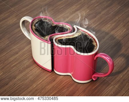 Heart Shaped Coffee Cups On Pink Heart Shaped Saucer. 3d Illustration.