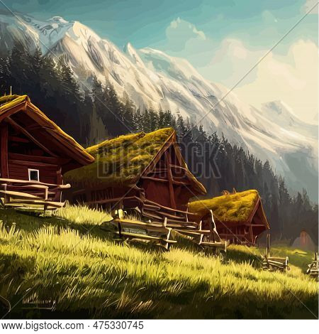 Summer Landscape With Mountains, Village Houses And Trees Against Backdrop Of Mountains. Vector Cart