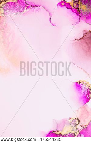 Pink Gold Abstract Background Of Marble Liquid Ink Art Painting On Paper . Image Of Original Artwork