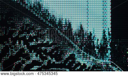 Glitch Fluid. Matrix Distortion. Damaged Display. Iridescent Blue Pink Color Glowing Pixel Liquid Cr