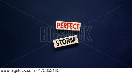 Perfect Storm Symbol. Concept Words Perfect Storm On Beautiful Wooden Block. Beautiful Black Table B