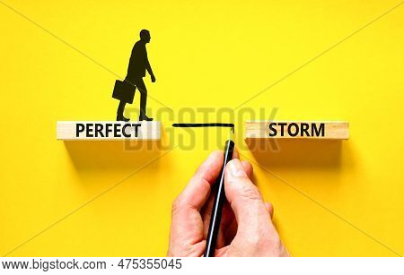 Perfect Storm Symbol. Concept Words Perfect Storm On Beautiful Wooden Block. Beautiful Yellow Table 